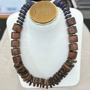 1946 Beaded Necklace Wooden/Navy & Gold Tone Multi Sized Beads Statement Piece